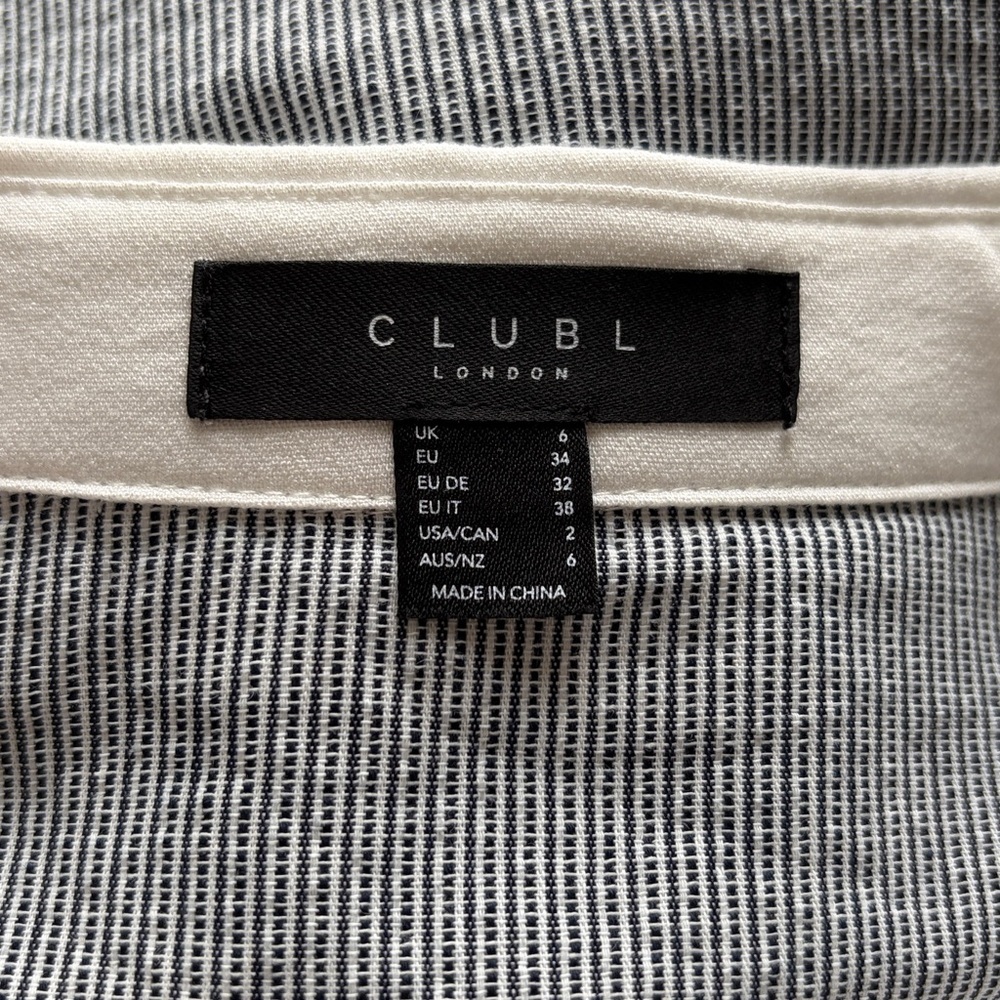 Club L BEATRIZ Grey Linen Pinstripe Mini Shirt Dress Long Sleeves Belted Sz 2 - Picture 10 of 15
